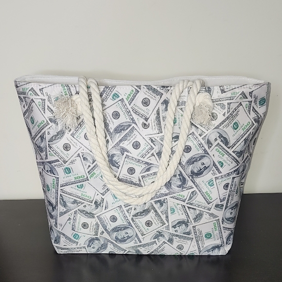 Canvas Tote Bag with Dollar Print - Picture 4 of 12
